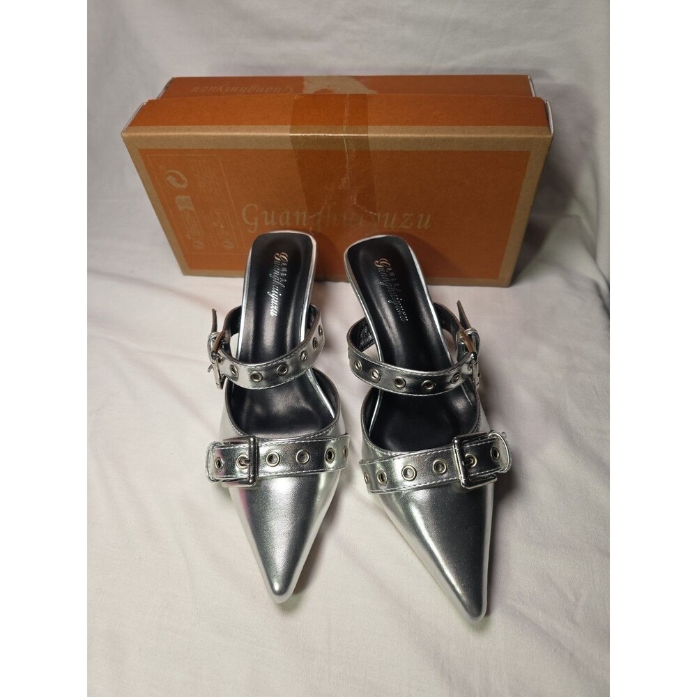 Guanghuiyuzu Heel Size 7 Women Shoes sleek pointed toe metal buckle silver